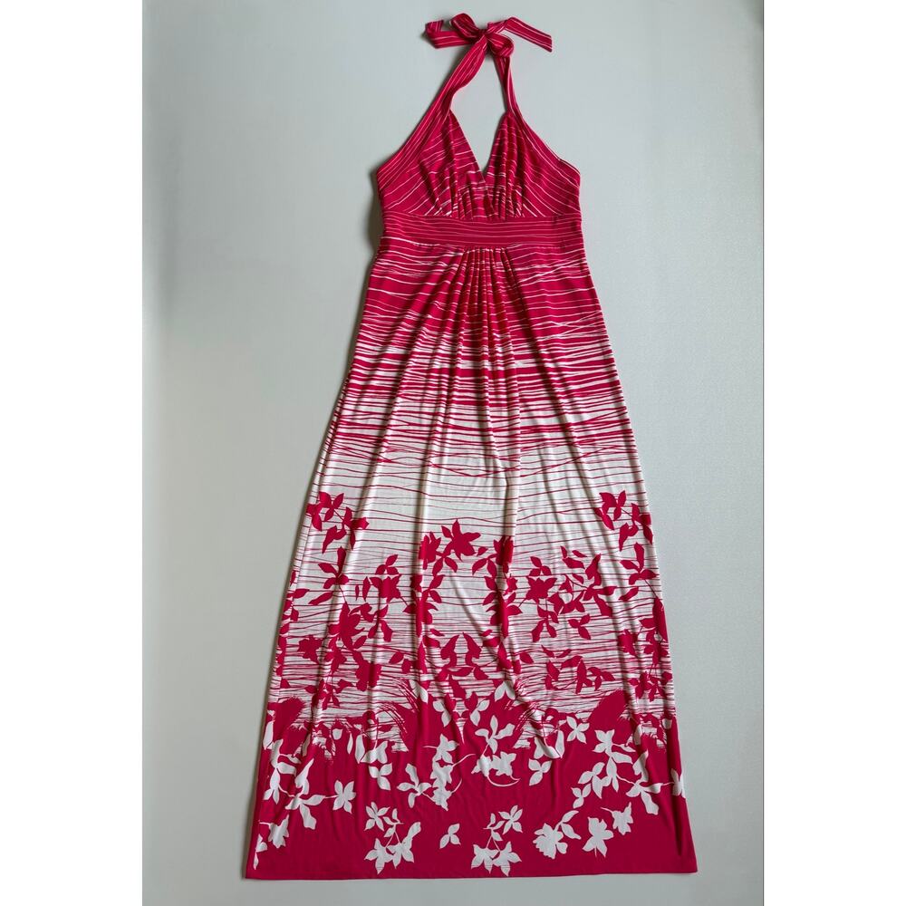 New BCBGMaxazria Women's Red White Floral Pleate Bodice Maxi Halter Dress Size L - Picture 2 of 12